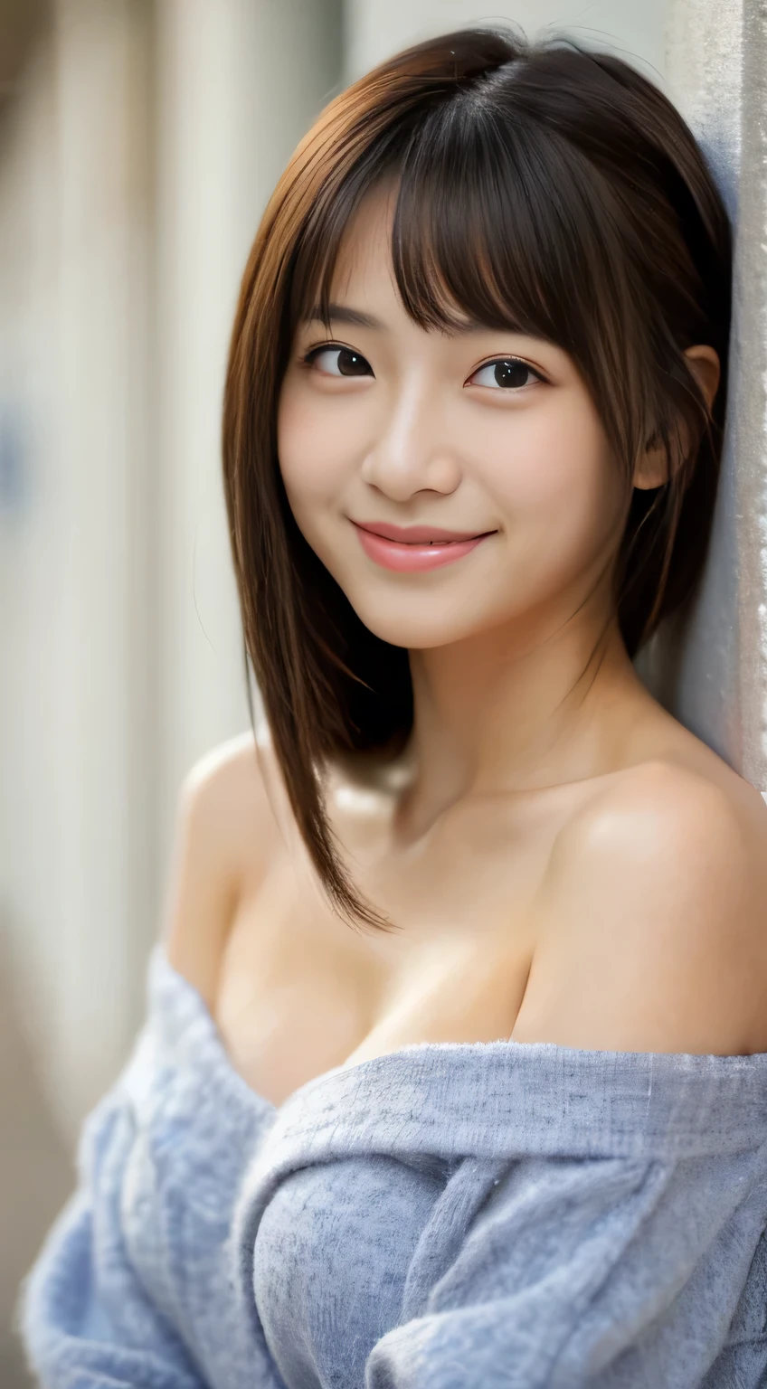 masterpiece,best quality,(Japanese girl),((Beautiful girl)),cleavage,(off shoulder:1.2),(perfect body beauty:1.2),(shy smile)