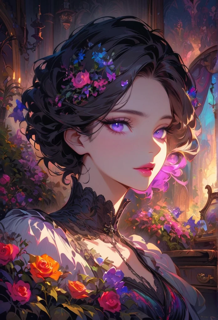 anime,beautiful detailed eyes,beautiful detailed lips,extremely detailed eyes and face,longeyelashes,colorful,vivid colors,portrait,landscape,horror,studio lighting,sharp focus,physically-based rendering,extreme detail description,professional,bokeh,HDR,UHD,ultra-fine painting,concept artists,gothic,Victorian-style bedroom,beautiful witch,dark atmosphere,vibrant colors,soft lighting,enchanted plants,flowing lavender,anime-style characters,mysterious shadows,exquisite details,vintage furniture,luxurious textures,eye-catching composition,romantic mood,rose,kissmark,monochrome,