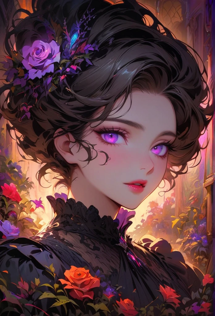 anime,beautiful detailed eyes,beautiful detailed lips,extremely detailed eyes and face,longeyelashes,colorful,vivid colors,portrait,landscape,horror,studio lighting,sharp focus,physically-based rendering,extreme detail description,professional,bokeh,HDR,UHD,ultra-fine painting,concept artists,gothic,Victorian-style bedroom,beautiful witch,dark atmosphere,vibrant colors,soft lighting,enchanted plants,flowing lavender,anime-style characters,mysterious shadows,exquisite details,vintage furniture,luxurious textures,eye-catching composition,romantic mood,rose,kissmark,monochrome,
