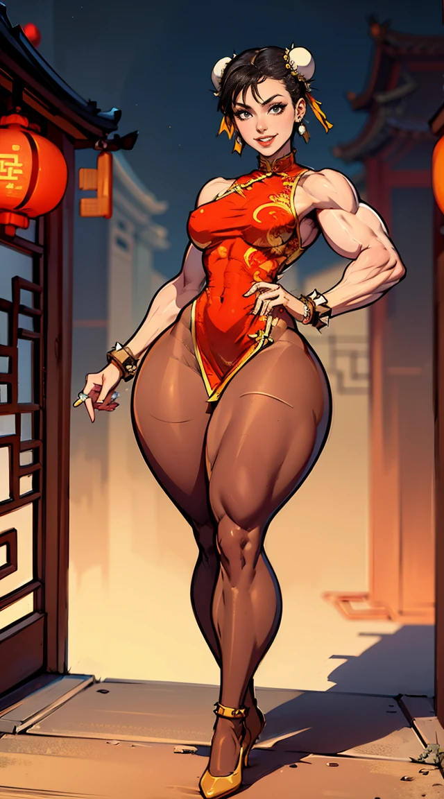 (Muscular:2.2), (thick thighs:2.4), 
(asian female, black hair, hairbuns:1.5), (adult), beauty mark,
(earrings, eyeshadow, lipstick), 
detailed eyes, (big smile:1.3), detailed skin,
(small breasts:1.5),
(chun li outfit:1.5), (spike bracelets, brown pantyhose, china dress:2),
(upper body view:1.4), (looking at viewer), (three quarter view:1.6),
abandoned japanese village, rim lighting, two tone lighting, dimly lit, bokeh