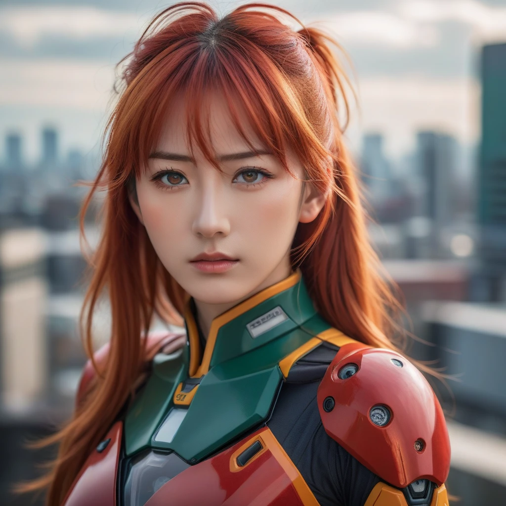 Medium close-up realistic 8K raw photography, (Captivating Asuka Langley Soryu portrait:1.3), Balanced composition, Piercing gaze, Intricate attire, (Emotive expression:1.2), Urban cityscape background, Contrasting colors, (Soft natural light:1.3), Shot with a Nikon D850, Nikkor 85mm f/1.4 lens, Crisp details, Realistic skin tones, Emotional depth