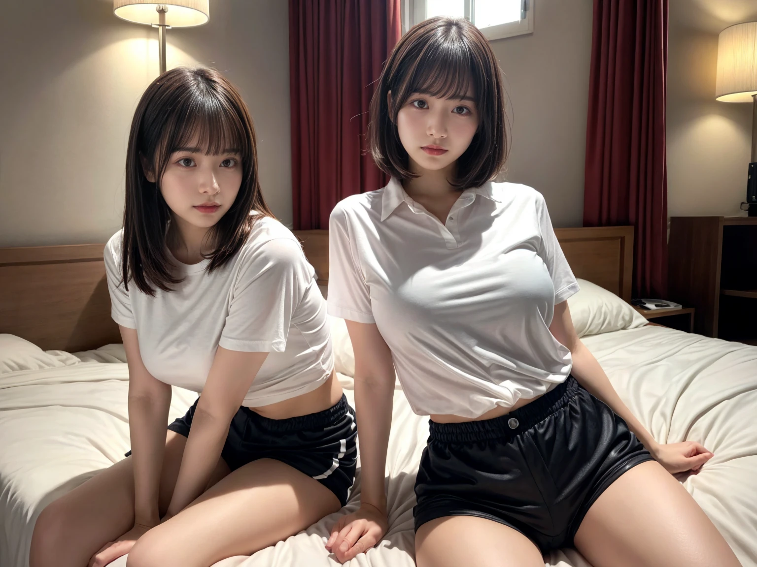 masterpiece, best quality, illustration, Super detailed, fine details, High resolution, 8K,wall paper, perfect dynamic composition,(Details High quality, realistic depiction of eyes:1.3), (2 girls), oversized sport shirt, shorts women, sitting, open legs, short bob hair, in a hotel room in the background, deep on field, large breasts, black hair color, Big Natural Color Lip, (perfect body shape), crying a little、Harajuku style、20 year old girl、cute type、beautiful legs, Gravure Idol