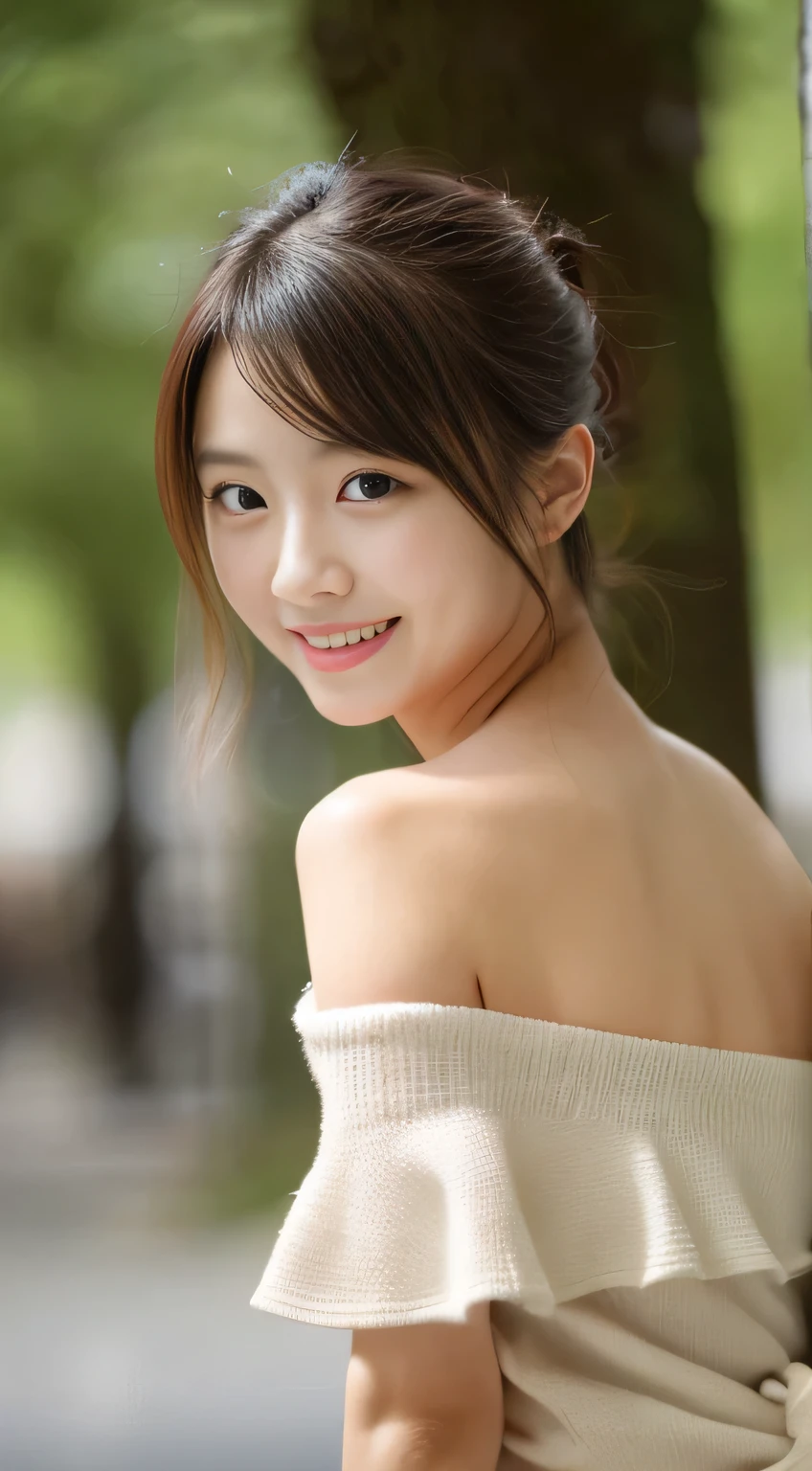 masterpiece,best quality,(Japanese girl),((Beautiful girl)),cleavage,(off shoulder:1.2),(perfect body beauty:1.2),(shy smile)