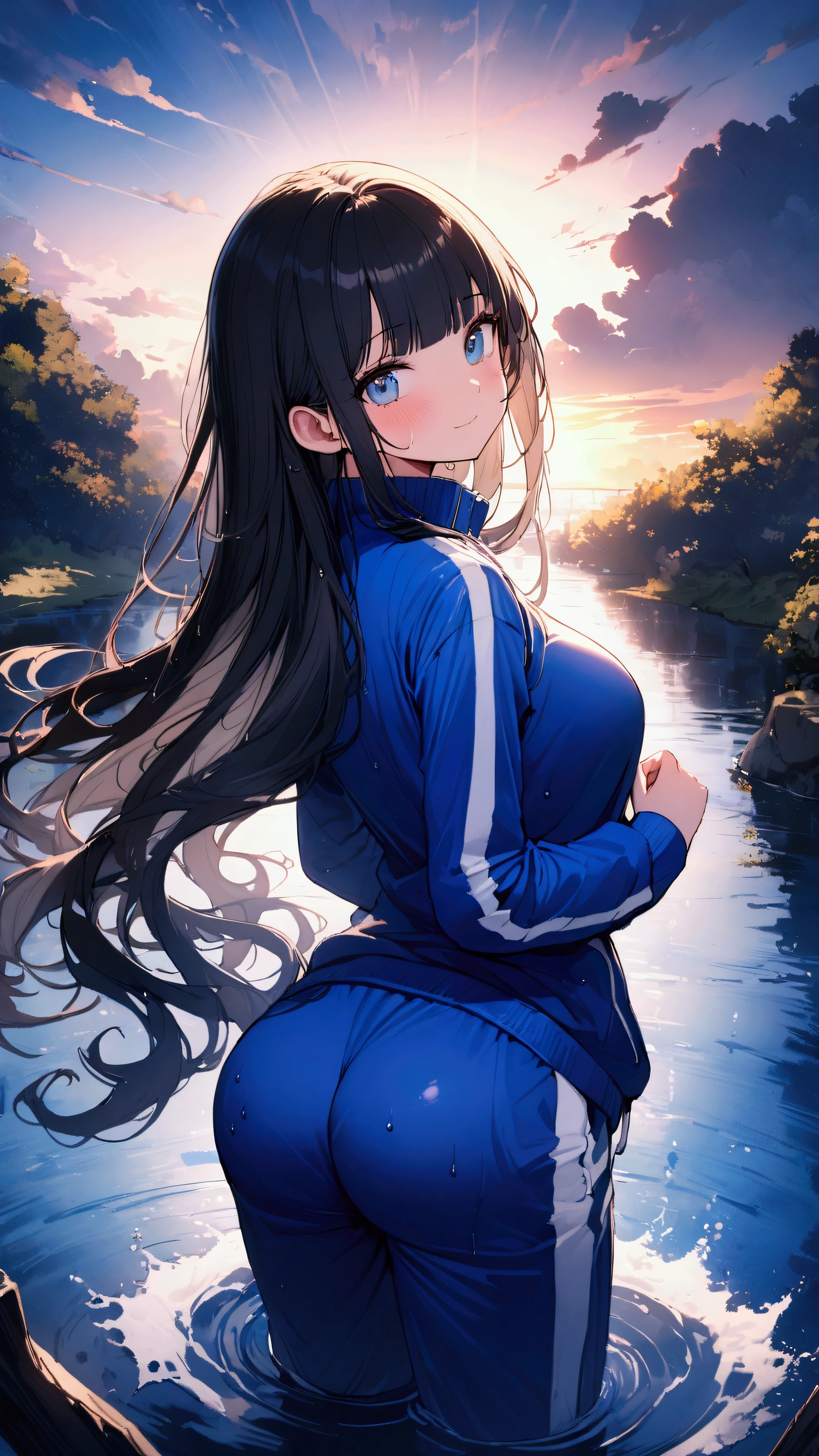 masterpiece, Highest quality, Ultra-high resolution, (beautiful girl: 1.3), (((Long hair with bangs))),Black Hair,Looks about 15 years old、 (The color of the sweatpants is blue:1.3), (The color of the truck jacket is blue:1.3), Rear view、A waterway with a dazzling sunset、A little wet、Big, round, beautifully shaped butt