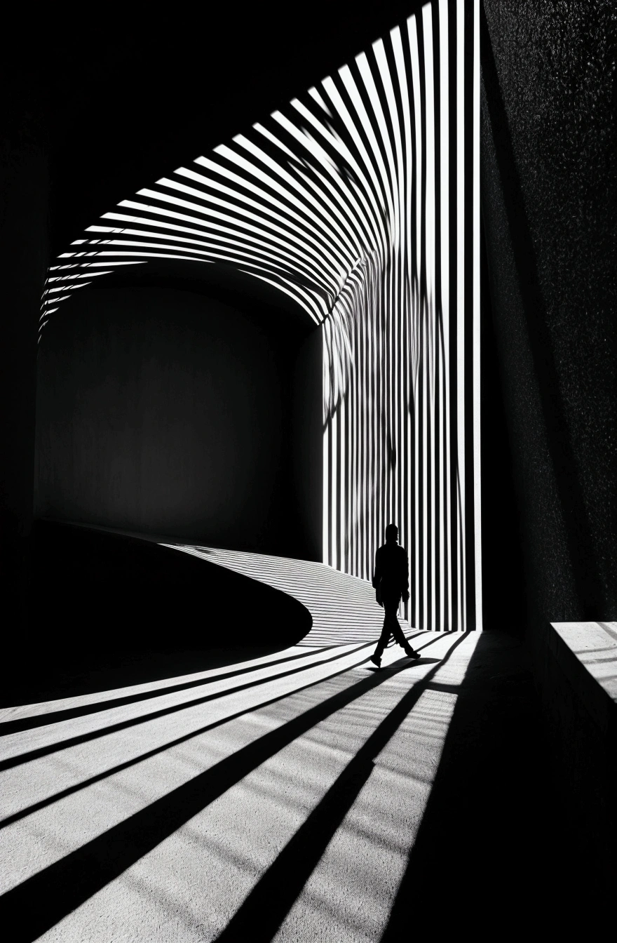 A black and white photo of a person walking through a tunnel, Deep lines and shadows, Light and shadow contrast, Strong light and shadows, High contrast light and shadows, Glowing lines, Great light and shadow, Dramatic light and shadows, Beautiful light and shadow, Lines and movement, Dramatic light and shadow, Volumetric Light ， Surrealism