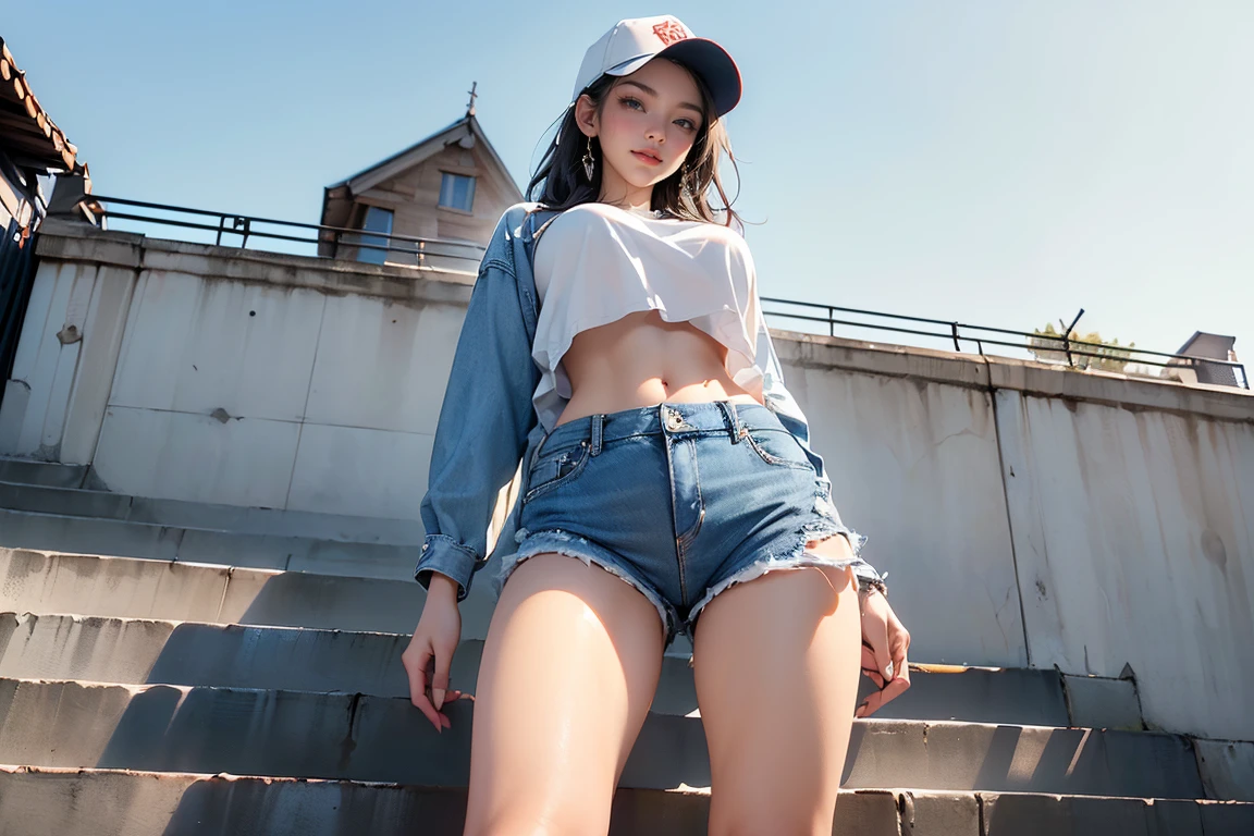 ((Masterpiece, top quality, high resolution, highly detailed CG unified 8K wallpaper)), (huge stunning goddess shot, very hot and sexy, jaw-dropping beauty, perfect proportions, beautiful body, slim body beauty:1.3), Portrait of woman sitting on stairs, smiling, casually dressed, (wearing baseball cap, hoodie, denim shorts and sneakers:1.2), (view from below:1.6),