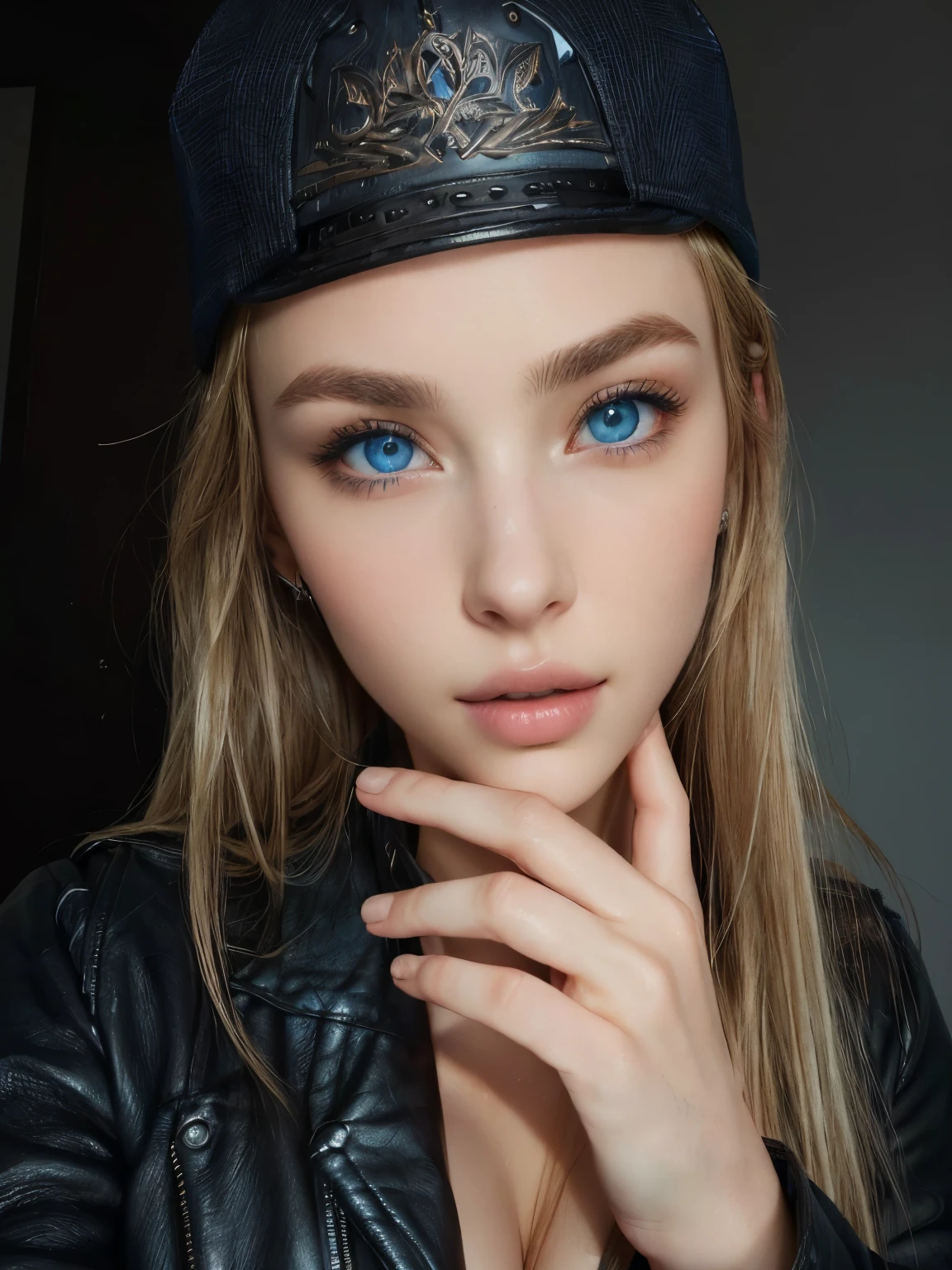 arafed woman with a baseball hat and leather jacket posing for a picture, sexy girl with blue eyes, perfect face and eyes, perfect face ), attractive girl, attractive beautiful face, extremely beautiful face, gorgeous attractive face, ultra beautiful face, perfect face, gorgeous face, pretty blueeyes, blonde hair and blue eyes, close-up perfect face, flawless face, luxury girl, seductive, sexy, big tits, cleavage