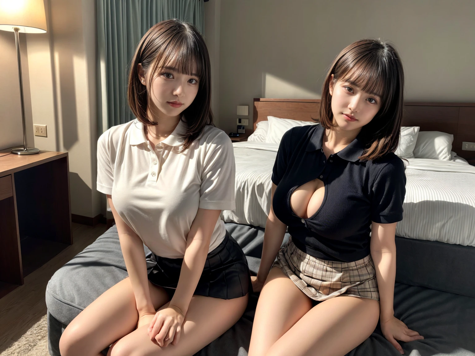 masterpiece, best quality, illustration, Super detailed, fine details, High resolution, 8K,wall paper, perfect dynamic composition,(Details High quality, realistic depiction of eyes:1.3), (2 girls), A tight polo shirt that expresses the roundness and softness of your chest., pleated mini skirt, sitting, open legs, short bob hair, in a hotel room in the background, deep on field, large breasts, black hair color, Big Natural Color Lip, (perfect body shape), crying a little、Harajuku style、20 year old girl、cute type、beautiful legs, Gravure Idol