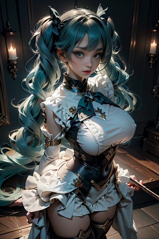 (dynamic angle:1.3, front view:1.1, breast focus:1.3, from above:1.1), (((Masterpiece))),(((Super Detail))),(((in 8K))),(((best composition))),(((Rim lighting,Fireglow effect,deep shadow))),solo),Beautiful fingers,Detailed finger features,(Detailed hair features:1.7),(Dynamic and sexy bending pose:1.3),detailed facial features,detailed clothes features, (perky chest:1.1), (pointed chest:1.3), delicate beautiful face, Bright blue eyes, cute eyes, sparkling eyes, Big eyes, beautiful detailed eyes,(masterpiece), (best quality), detailed, 1 girl, soro, twintails, long wavy hair twintails.hairs between eyes,dark green eyes ,dark green hair, (magical girl:1.2), bow, dress, (pink:0.6), over legwear, boots, too many frills, too many bow, standing,striped panties.magical stick, mechanical stick, magic cercle, flying,