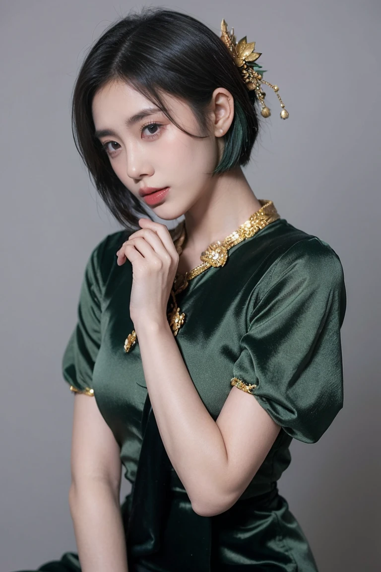 30yo girl, green hair, (Short Hair). Javanese traditional clothing, Gray background.