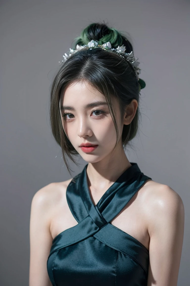 30yo girl, green hair, (Short Hair). Javanese traditional clothing, Gray background.