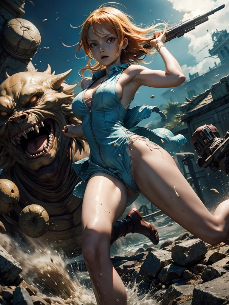 Nami one piece looked horrified, Wearing torn dress stained with big monster semen, holding a gun, running away from the monster