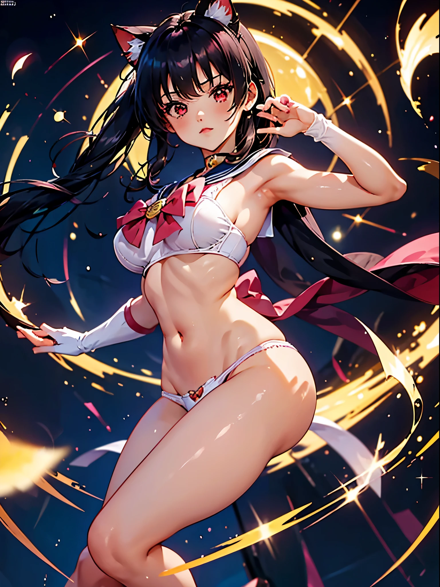 (junkotvv), Sailor Moon, 1 girl, black hair, long hair, red eyes, detailed eyes, cat ears, simple background, female focus, alone, standing, Usagi Tsukino, portrait, full body, (Masterpiece:1.0), (best quality:1.0), (wallpaper 8k:1.0), (beautiful face detailed:1.0), (deep detailed eyes), deep eyes, looking at viewer, red bow on chest, pink bra, white gloves, big breasts, bare abdomen, pink panties ,
