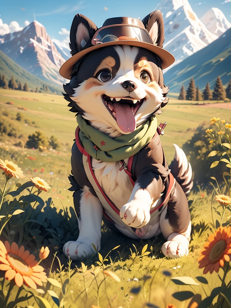 image features the three-dimensional figure, an anthropomorphic dog, wearing a hat, flowers, green boots, face with satisfied expression, black eyes, open mouth with a smile. in the Background mountain and meadow