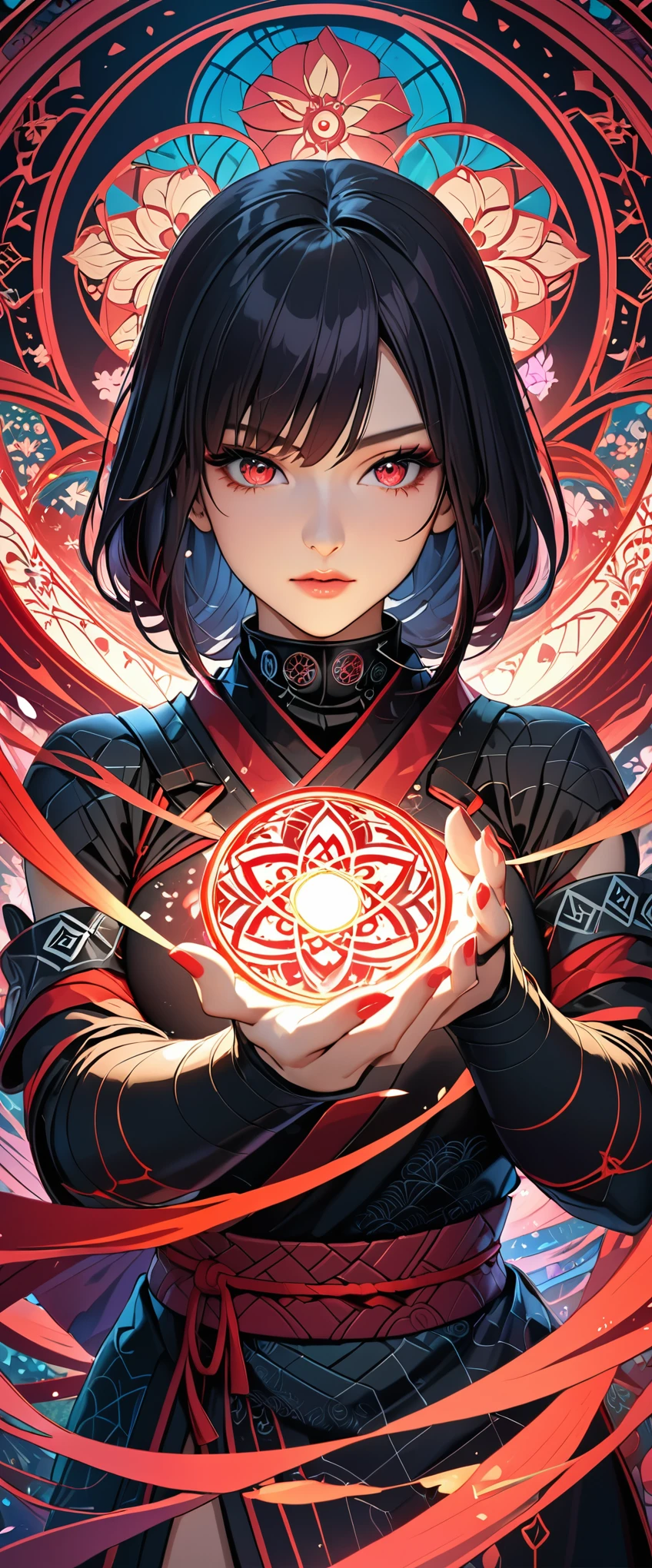 (masterpiece:1.2),(Highest quality),(Very detailed),(High resolution),8k,wallpaper,1 girl,Beautiful female hands,Fine hand,A female ninja is standing,look at me,Beautiful Eyes,Red glowing eyes,The female ninja uses secret genjutsu techniques.,(The female ninja has a magic seal on her hand.:1.3),(The background is a kaleidoscope-like, beautiful, geometric illusion world.)