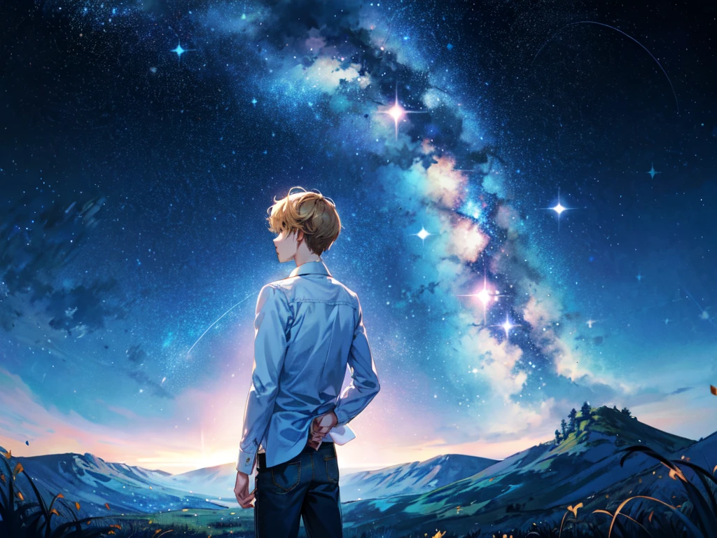 Under the starry sky, you stand, surrounded by beautiful shining stars. Looking up at the sky, you seem to be contemplating something. Your expression is quiet and calm, as you face yourself under the starry sky, Reach for the sky,Stand with your back turned