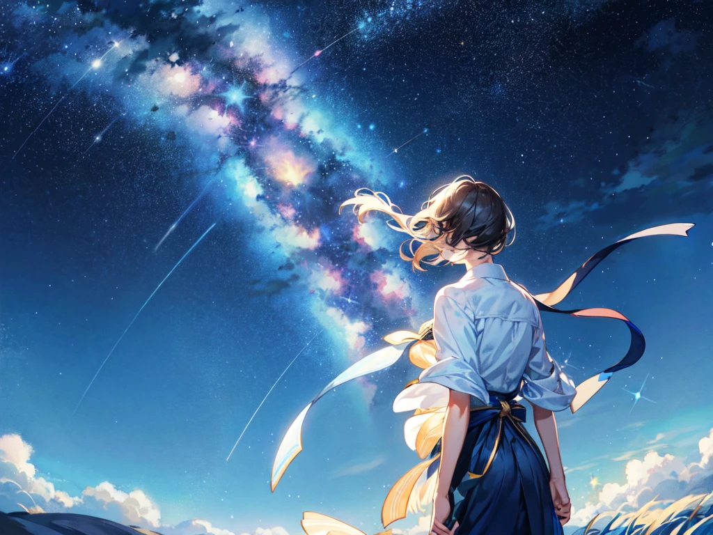 Under the starry sky, you stand, surrounded by beautiful shining stars. Looking up at the sky, you seem to be contemplating something. Your expression is quiet and calm, as you face yourself under the starry sky, Reach for the sky,Stand with your back turned