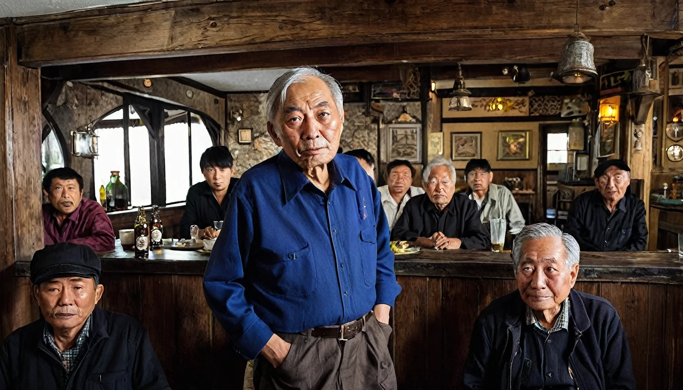 Dim Tavern、Elderly man、A look of despair