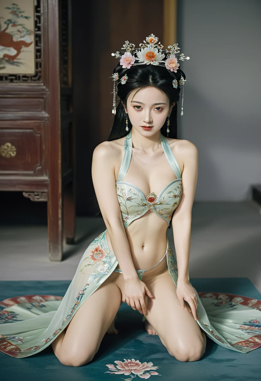 A naked woman seen from the front, bent over facing forward on the ground with her legs spread apart and her vagina visible. A Chinese empress from the Qing Dynasty, wearing a crown and showing her belly, thighs and feet.。She is completely naked, wearing a big, flashy flower and a hairpin, and a crown of an empress. Her hair is tied up.