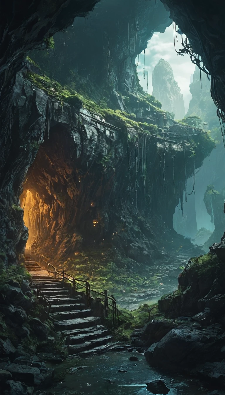 ultra-detailed, fantasy,world,Nature, mystery,　cave exit,　cyber punk