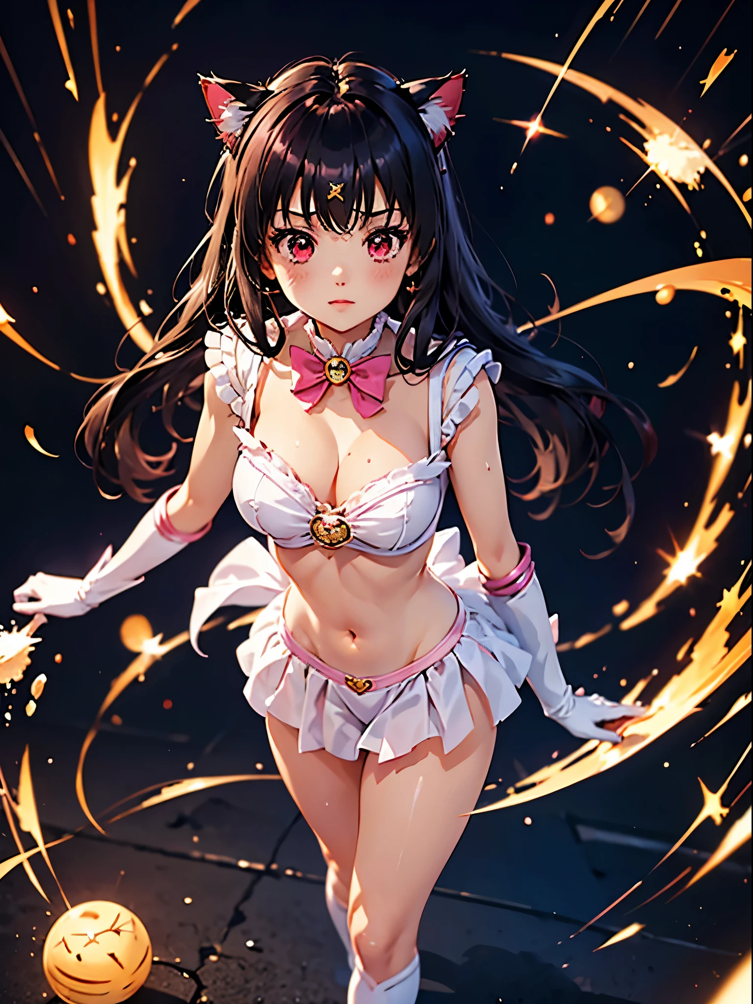 (junkotvv), Sailor Moon, 1 girl, black hair, long hair, red eyes, detailed eyes, cat ears, simple background, female focus, alone, standing, Usagi Tsukino, portrait, full body, (Masterpiece:1.0), (best quality:1.0), (wallpaper 8k:1.0), (beautiful face detailed:1.0), (deep detailed eyes), deep eyes, looking at viewer, red bow on chest, pink bra, white gloves, big breasts, bare abdomen, pink panties ,