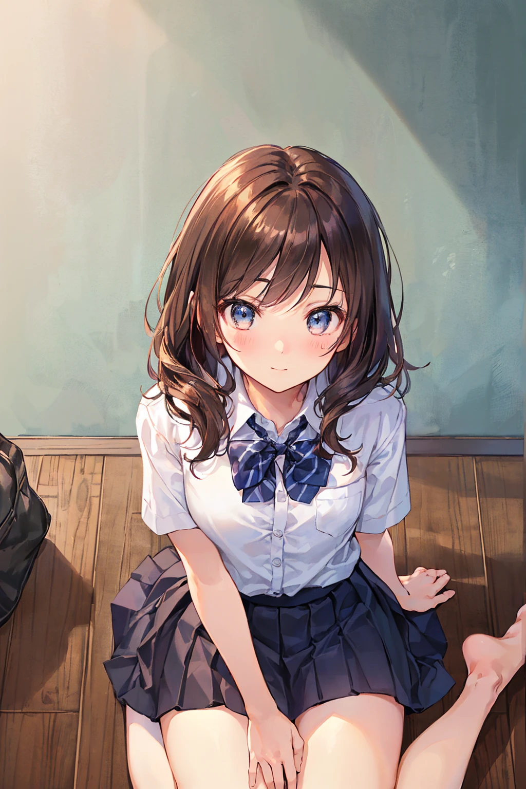 ((Tabletop, Highest quality, High resolution, Hmph, Pixel perfect, 4K, Hmph, Hmph))), One Girl, single, alone, Beauty、The whole body is visible、 ((Medium length wavy hair, bangs, Brown Hair)), ((Brown eyes, Beautiful eyelashes, Realistic eyes)), ((Detailed face, blush:1.2、Open it a little、Look up)), ((Smooth texture:0.75, Realistic texture:0.65, Realistic:1.1, Anime CG style)), Small breasts,Flat chest,Dynamic Angle, Perfect body, ((school uniform, White shirt, Black Skirt, Unbuttoned shirt、Checked skirt、I'm not wearing shoes、White Sox)), An empty classroom、Sit at a desk、Lower'I took my feet off the desk.................................、Very embarrassing panic smile、(Lift up your skirt with your right hand、Spread your legs、Open your knees wide、、Light blue floral lace panties)、、(Cute floral bra)、Angle from below