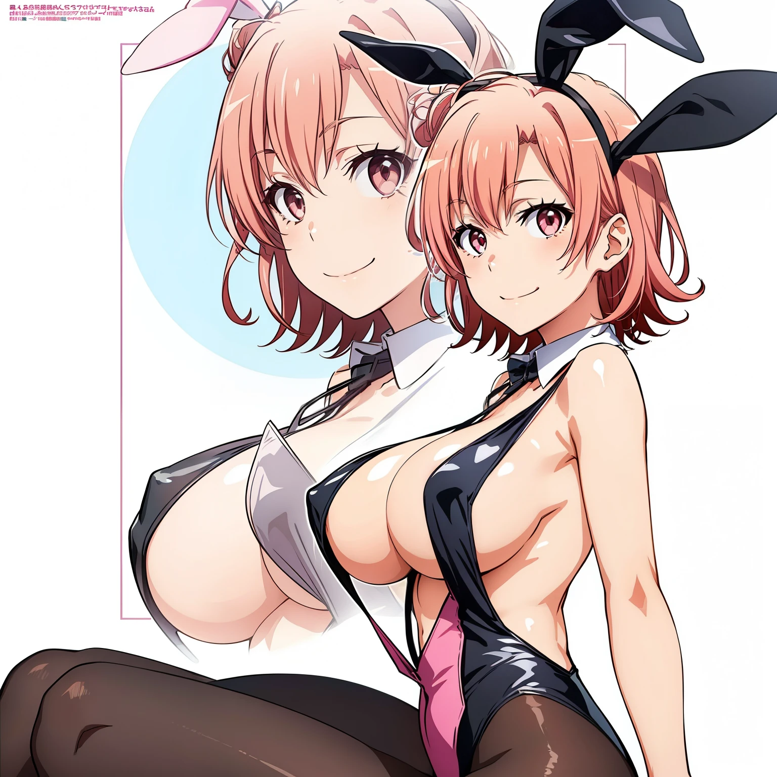 ((masutepiece, Best Quality, hight resolution, nffsw, Perfect Pixel, depth of fields, 4K, )), 1girl in, Solo, , Beautiful anime girl, Beautiful Art Style, close up, Looking at Viewer, Perfect body, side shot, Yuigahama Yui, Short hair, pink hair, pink eyes, hairbun, (large boob), side boob, sitting, black playboy bunny outfit, smile, hands on thighs, blank white background, shot from the waist up