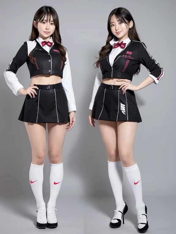 LAHO Beauty。Very sexy、Office lady with strong sexual desires。24-year-old office lady、The beauty of a suit、A cool beauty with big breasts that make her undershirt bulge、career woman、Japanese Beauty、The button on my chest is about to come off、ulzzang-6500-v1.1、(RAW Photos:1.2)、(Photorealistic)、(Genuine:1.4)、(Peace Fly)、A calm-looking woman wearing a checked vest、Large Bust Body Type。Mini skirt with exposed thighs、The legs are plump。(Ultra-realistic black Nike logo socks:Panty visible pose、There are stains on the panties:1.2)。Japanese Goddess、Wearing black high heels、Sexy gaze with black socks、((Full Body Shot:1.16))、Highlighted with knee-length socks featuring the Nike logo。Nike logo on socks。Wearing black high heels