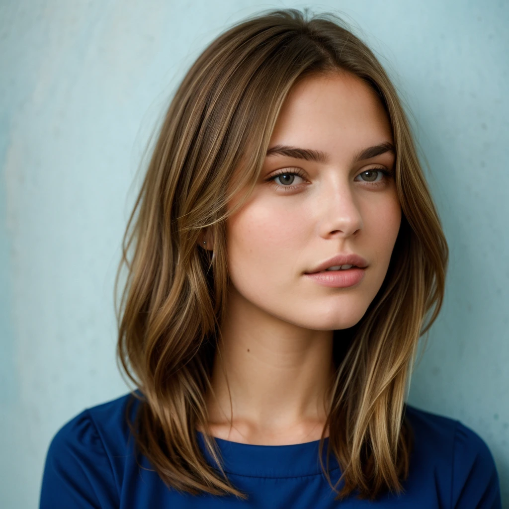 Beautiful brunette blonde girl best quality details against blue wall