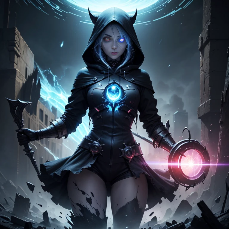 ((Dark)),epic,8k,fantasy,ultra detailed,Magic,((hood)),(hoodie),((((hair over one eye)))),((whole body, including legs)),((Standing)),(open thighs),(open legs)
casting spell,blackhole,menancing,((glowing eyes)) ((BLUE eyes)),((glowing)),((Bloom)),magnificent,Masterpiece,absurdres,best quality,standing,1girl,human,evil,evil grin,apocalypse,destruction,end of the world,crazy eyes,Crazy,psycothic,looking down,superior,(sadistic),((demoniac)),spear,spectral,ghostly,circle,rim,rim light,crescent,abyssal,
Shorts,groin,hip bones,hip lines cowboy shot,Magic Circle,excessive energy,scifi,abyssaltech,dark energy,ethereal,dissolving,see-through,abyss,antitech,scifi,pure energy,thighs,