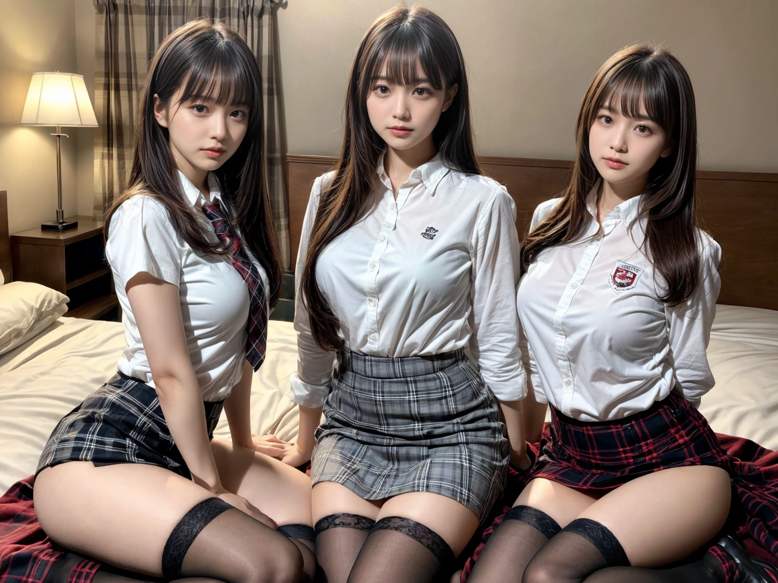 masterpiece, best quality, illustration, Super detailed, fine details, High resolution, 8K,wall paper, perfect dynamic composition,(Details High quality, realistic depiction of eyes:1.3), (3 girls), (white school shirt :1.2), (plaid skirt :1.3), tie black, black thigh-high stockings, sitting, open legs, short bob hair, in a hotel room in the background, deep on field, large breasts, black hair color, Big Natural Color Lip, (perfect body shape), crying a little、Harajuku style、20 year old girl、cute type、beautiful legs, Gravure Idol