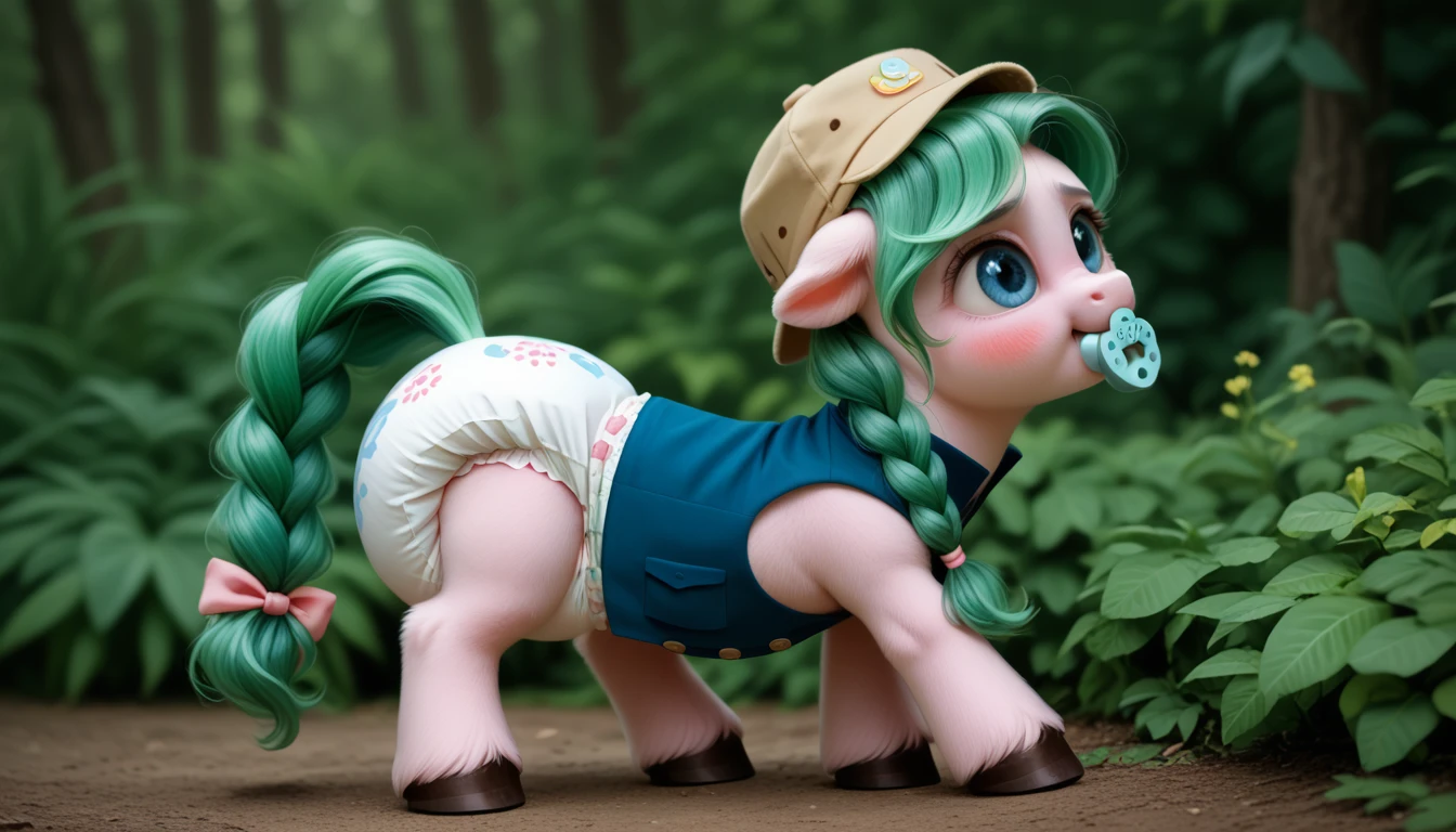 pony, бежевая земная pony, no horn, no wings, adult filly, lush mane braided, bushy tail, Blue eyes, stands on four hooves, rear hooves spread wide apart, dressed in a vest, foal cap and booties, pacifier in mouth, solo, raised tail, thick diaper under clothes, pink blush on cheeks, Embarrassment, Awkwardness.