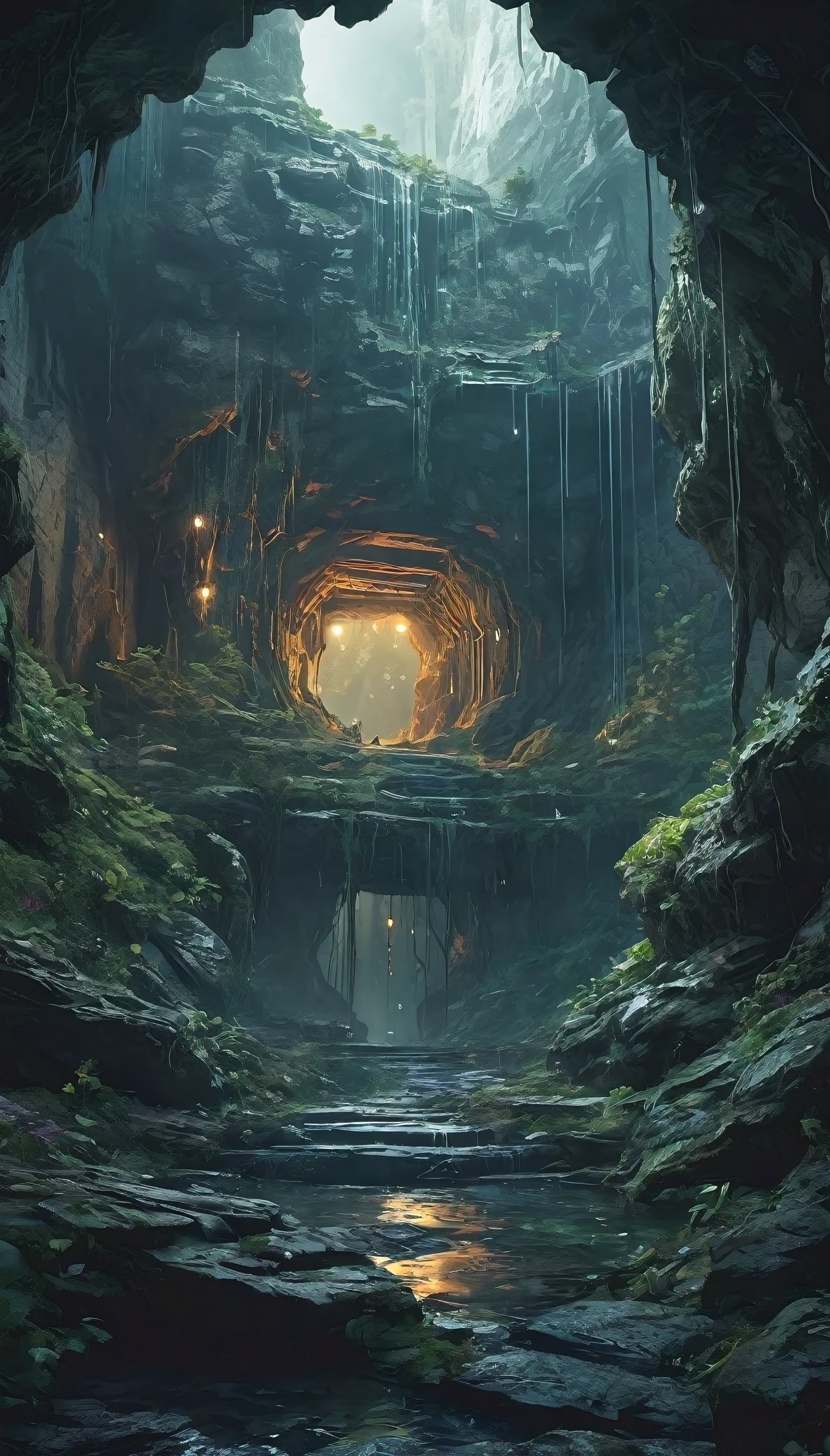 ultra-detailed, fantasy,world,Nature, mystery,　cave exit,　cyber punk