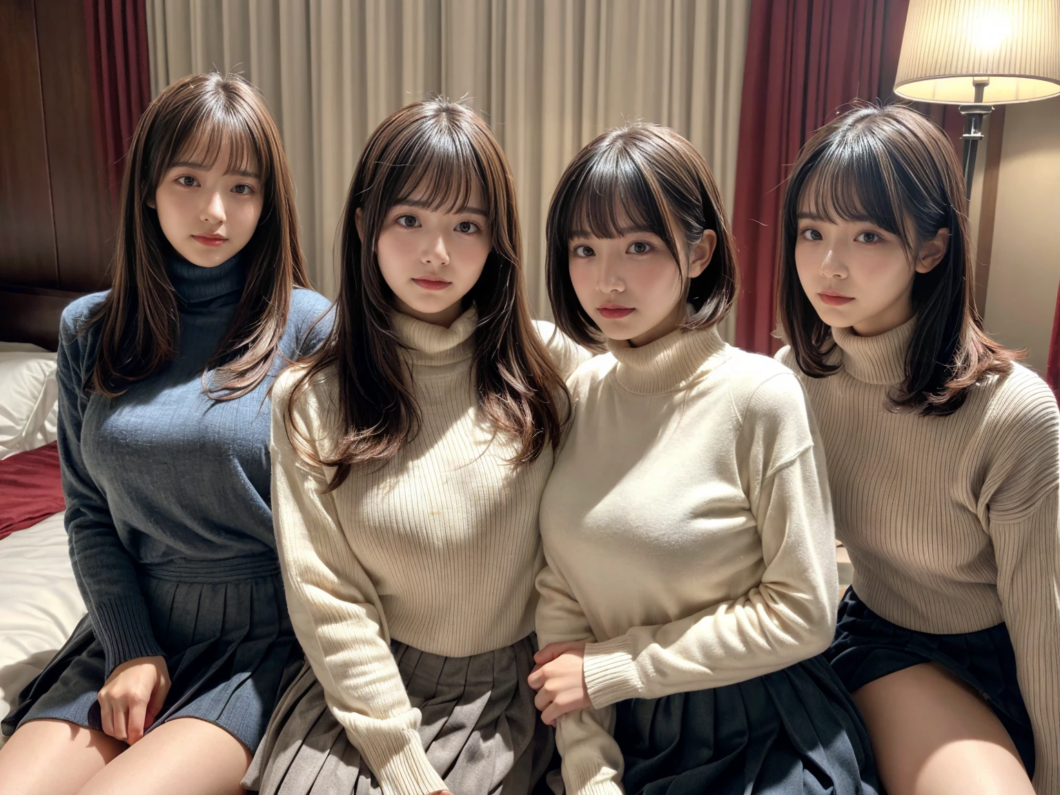 masterpiece, best quality, illustration, Super detailed, fine details, High resolution, 8K,wall paper, perfect dynamic composition,(Details High quality, realistic depiction of eyes:1.3), (3 girls), (Fleece jacket, turtleneck sweater, pleated skirt:1.2), sitting, open legs, short bob hair, in a hotel room in the background, deep on field, large breasts, black hair color, Big Natural Color Lip, (perfect body shape), crying a little、Harajuku style、20 year old girl、cute type、beautiful legs, Gravure Idol