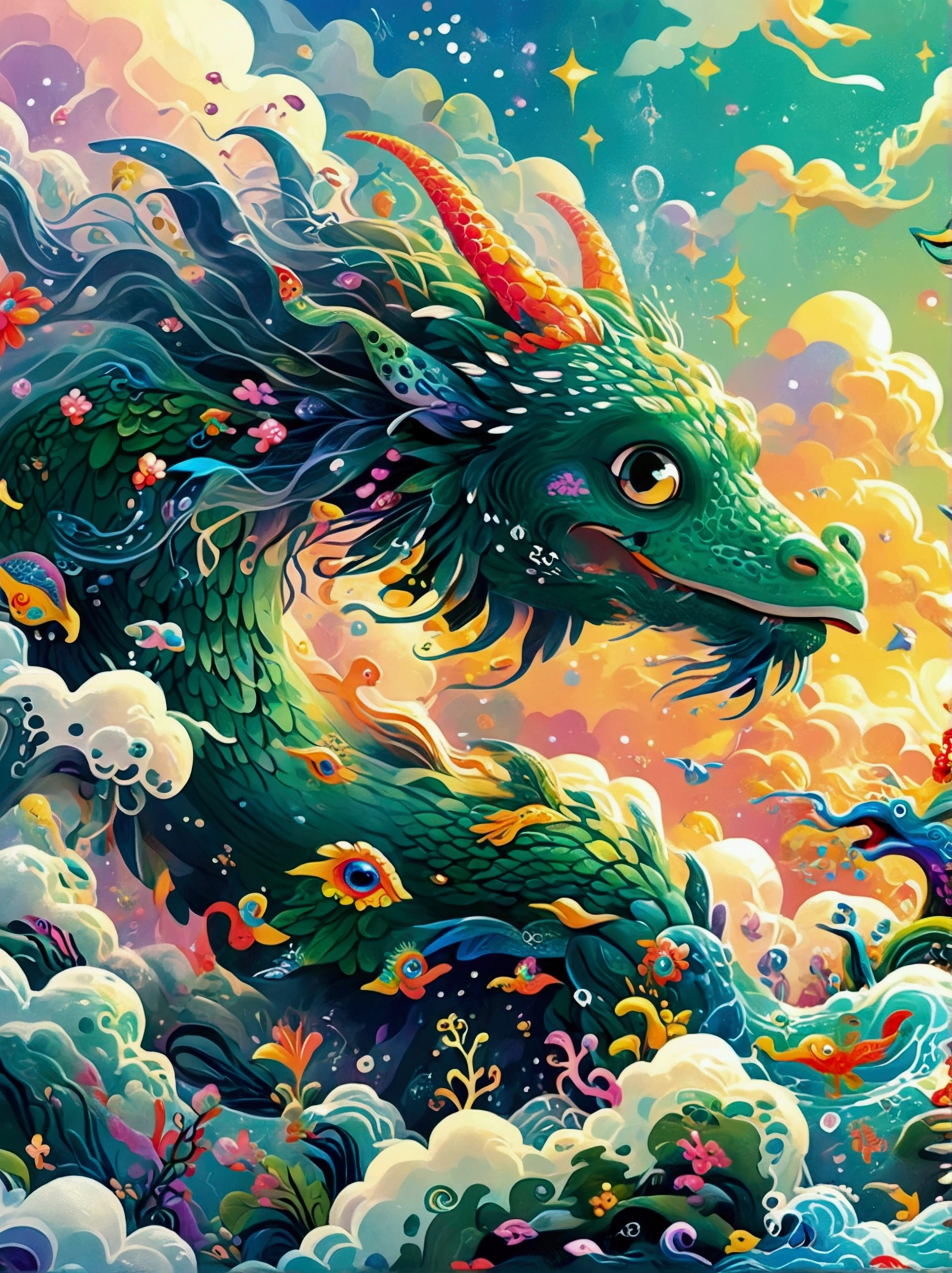 (((8k，Bright colors，Bright，Ultra high saturation，RGB color))), A colorful illustration of the mythical sea monster giant contractors with long hair, dressed in blue and green adorned with golden patterns. She gracefully hovers above an ocean covered in clouds, surrounded by water elements such as waves, fish, bubbles, and marine creatures, all rendered in intricate details and vibrant colors. The background features auspicious cloud motifs and traditional symbols like mountains and suns, creating a harmonious atmosphere in the style of Chinese illustrations