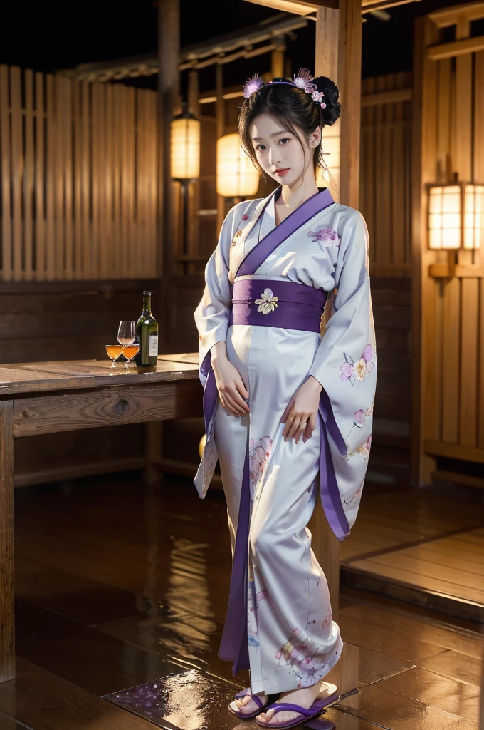 (((best quality))),(((ultra detailed))),(((masterpiece))),illustration,((1 beautiful Japannese girl,solo)),((neat bun,headdress flower)),((slim,thin)),((small breasts,flat chest)),(in izakaya:1.3),(summer:1.2),(rainy:1.3),(indoor:1.2),(night scene:1.3),(wet:1.3),(collar:1.2),(purple floral kimono:1.3),porcelain skin,(slender legs:1.2),(geta:1.2),rouge,dimly lit,warm glow,ethereal,(standing beside the table:1.3),(arms behind back:1.5),sake bottle,half-empty glass,tray,grilled fish,steamed vegetables,half-eaten,melancholic smile,storm,solitude,enigmatic aura,tranquility,chaos,simplicity,mysterious,captivating,((from front,full body))