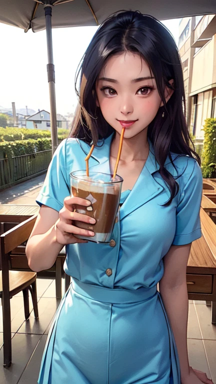 ((masterpiece)),((Ayako Katagiri)),((Katagiri Ayako)),((Mischievous Smile)),Anatomically perfect fingers,(((Kirameki High School Uniform))),(((Cafe Terrace))),(((A moment of summer))),(((Drinking iced coffee)))