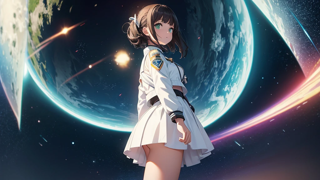 noiet estrelada, night sky, campo de gram、aurora boreal、contrail、ceu estrelado、Steppe grass swaying in the wind、(blusa cyberpunk com neon) Qualidade da foto、Live Action、Realismo、transparency、realistic depiction、A qualidade 8k、NFFSW、Digital SLR、alta qualidade、filmgrain、fujifilmXT3、Menina no vestido camisole branco、 jaqueta cyberpunk , standing posture、bare-legged、hair swaying in the wind、hair up to the shoulders、Seios pequenos、olhos grandes