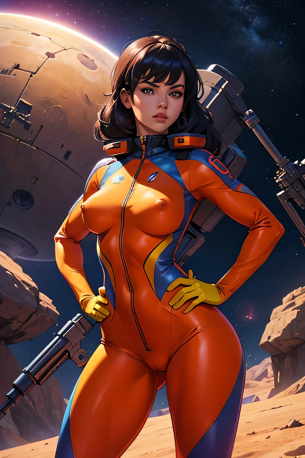 a young girl in a colorful catsuit, science fiction, a futuristic weapon in her hand, sexy pose, tight clothes, cameltoe, nipples, standing on a dry planet, spaceship in backround