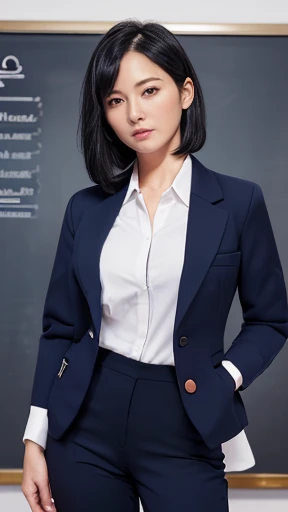 masterpiece, Highest quality, (RAW Photos:1.3), Realistic, Upper body photo, Beautiful adult woman, 30 years old, Long face, long. (Short black hair:1.4), clean, Symmetrical face, Symmetrical eyes, Stern expression, (navy blue business jacket, pants, White shirt, Well-groomed:1.4) Very small breasts, intellectual, Strict Female Teacher, classroom, blackboard