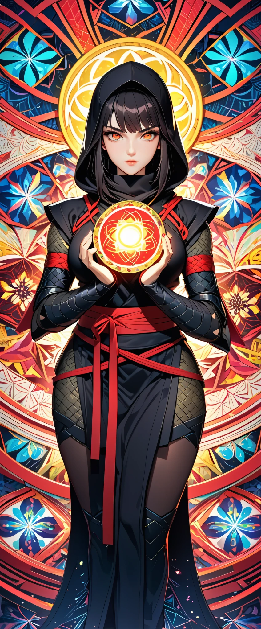 (masterpiece:1.2),(Highest quality),(Very detailed),(High resolution),8k,wallpaper,1 girl,Beautiful female hands,Fine hand,A female ninja is standing,look at me,Beautiful Eyes,Red glowing eyes,The female ninja uses secret genjutsu techniques.,(The background is a kaleidoscope-like, beautiful, geometric illusion world.),The female ninja has a round yellow energy body in her palm.