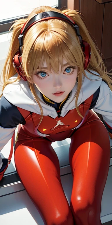 (top view),dynamic angle,Super detailed, illustration, close up, direct, 1 girl, 
 ((Soryu Asuka Langley, Interface headset, Red tights:1.4, blonde)),Her eyes shone like fantastic stars,(glowing eyes:1.233),(Beautiful and delicate eyes:1.1),(Poker face,Keep your mouth shut),(permanent), 
(Mechanical room with tools and spaceship windows in white spaceship),
(night:1.2),fantastic, [[slender fingers and hands:0.55]::0.85],(Detail fingers),