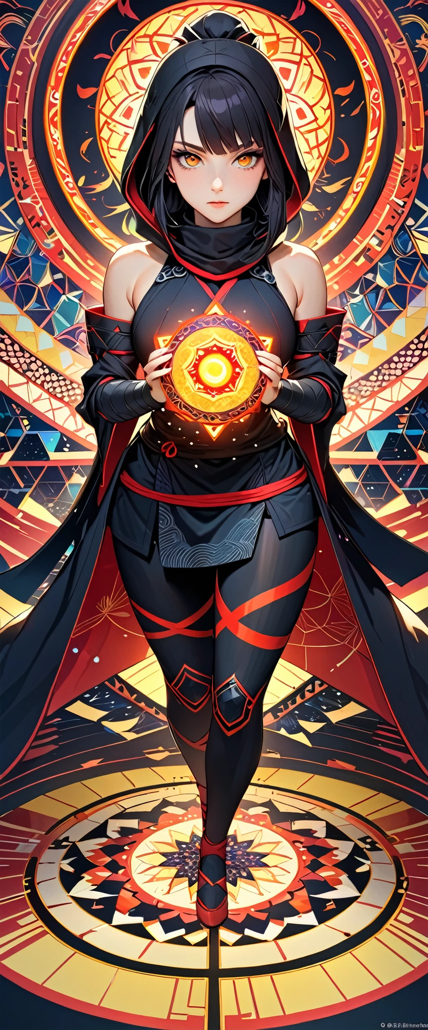 (masterpiece:1.2),(Highest quality),(Very detailed),(High resolution),8k,wallpaper,1 girl,Beautiful female hands,Fine hand,A female ninja is standing,look at me,Beautiful Eyes,Red glowing eyes,The female ninja uses secret genjutsu techniques.,(The background is a kaleidoscope-like, beautiful, geometric illusion world.),The female ninja has a round yellow energy body in her palm.