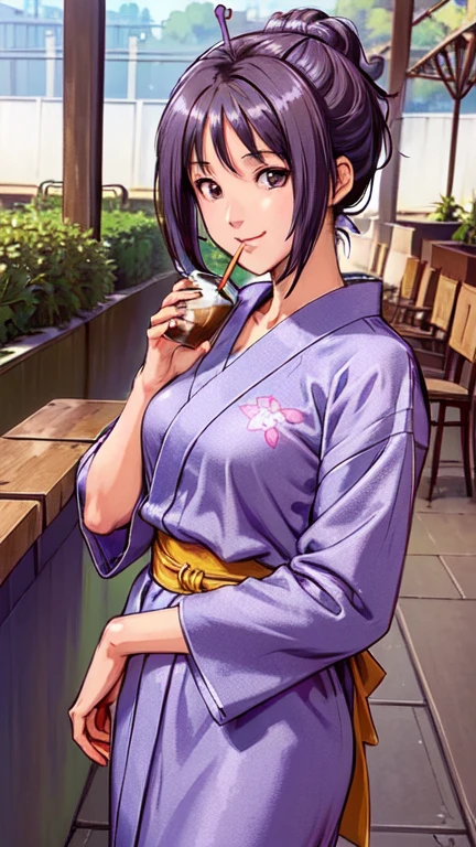 ((masterpiece)),((Ayako Katagiri)),((Katagiri Ayako)),((Mischievous Smile)),Anatomically perfect fingers,(((yukata))),(((Cafe Terrace))),(((A moment of summer))),(((Drinking iced coffee)))
