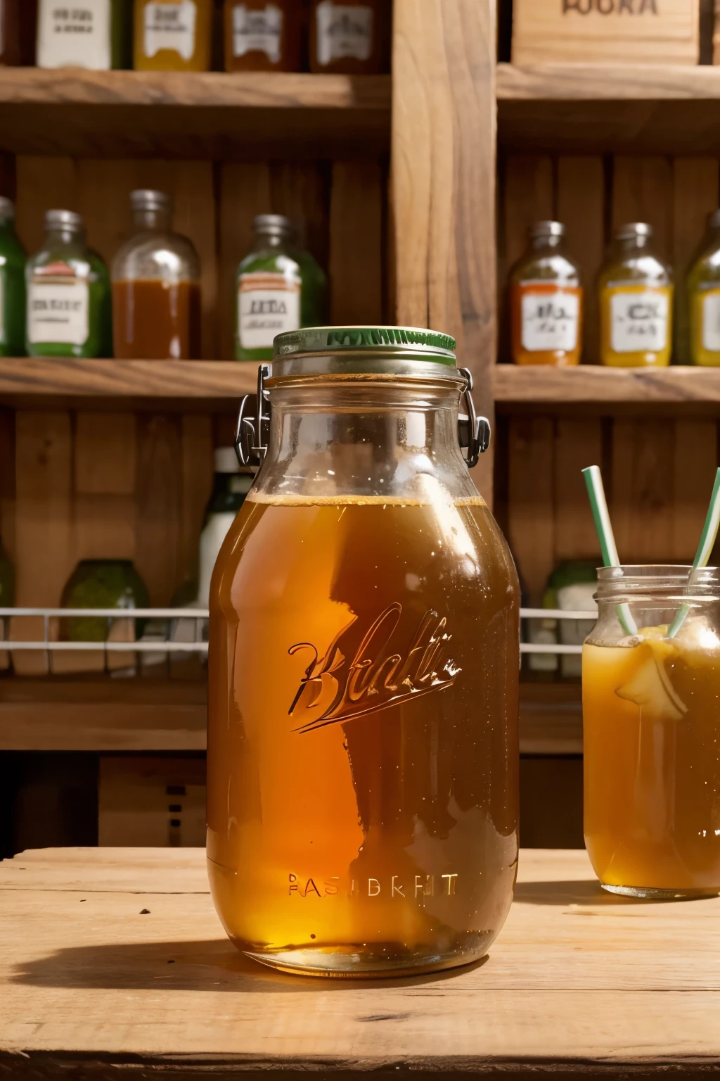 ready to drink pasteurised herbal kombucha in glass bottle show brand " Food science BUU" butiful on shelf 