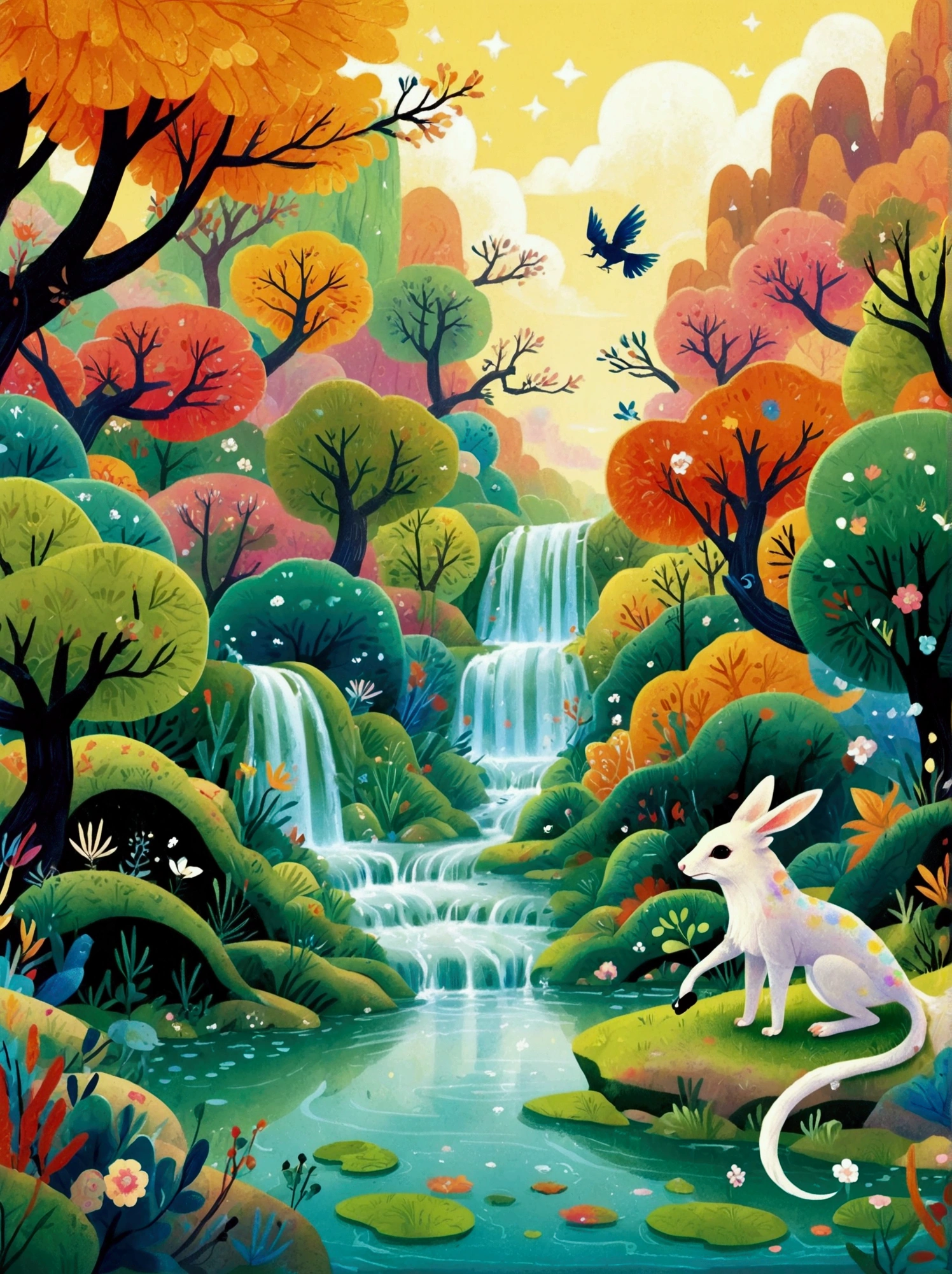 (((8k,Bright colors,Bright,Ultra high saturation,RGB color))), Chinese mythological creatures,White Pond,Four legs,Multiple tails,A painting in fantasy art style,Ultra-detailed illustrations,Colorful fantasy realism illustration,Fantasy mythology,Ethereal,Mythological Creatures,Mythological art。该画以幻想现实主义的风格描绘了White Pond,Background with intricate details and bright colors,With trees and clouds in the background,Dunhuang mural style,Dunhuang bright colors,Dunhuang Elements,Flat illustration