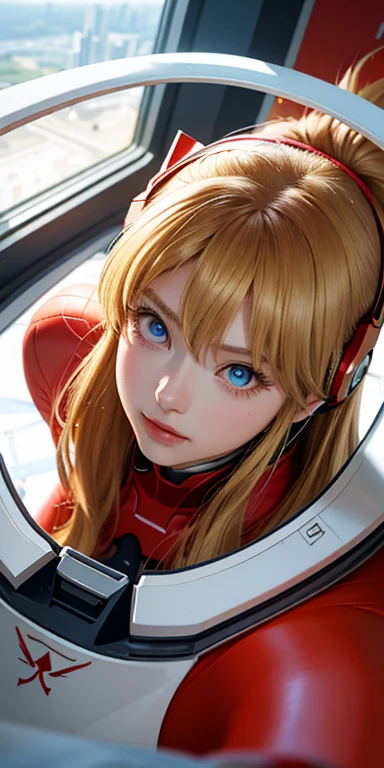 (top view),dynamic angle,Super detailed, illustration, close up, direct, 1 girl, 
 ((Soryu Asuka Langley, Interface headset, Red tights:1.4, blonde)),Her eyes shone like fantastic stars,(glowing eyes:1.233),(Beautiful and delicate eyes:1.1),(Poker face,Keep your mouth shut),(permanent), 
(Mechanical room with tools and spaceship windows in white spaceship),
(night:1.2),fantastic, [[slender fingers and hands:0.55]::0.85],(Detail fingers),