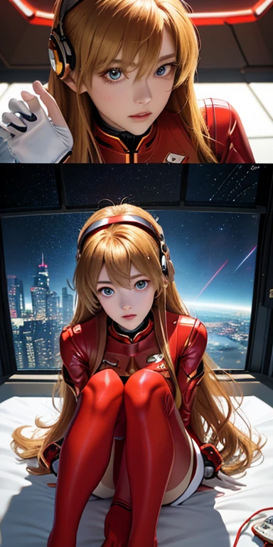 (top view),dynamic angle,Super detailed, illustration, close up, direct, 1 girl, 
 ((Soryu Asuka Langley, Interface headset, Red tights:1.4, blonde)),Her eyes shone like fantastic stars,(glowing eyes:1.233),(Beautiful and delicate eyes:1.1),(Poker face,Keep your mouth shut),(permanent), 
(Mechanical room with tools and spaceship windows in white spaceship),
(night:1.2),fantastic, [[slender fingers and hands:0.55]::0.85],(Detail fingers),