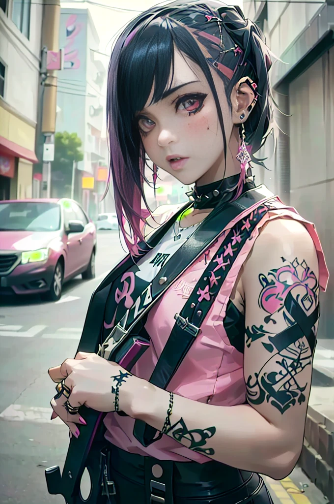 Arabian girl in a pink shirt with a guitar in the city street, Beautiful female punk, A mix of anime style and Fujifilm, Real life anime girls, 1 7 - year - old anime Goth Girl, Yakuza Slim Girl, 1 7 - year - old Goth Girl, Punk Girl, Emo Girl, Goth Girl, Taiwanese girl with tattoos, japanese gothic