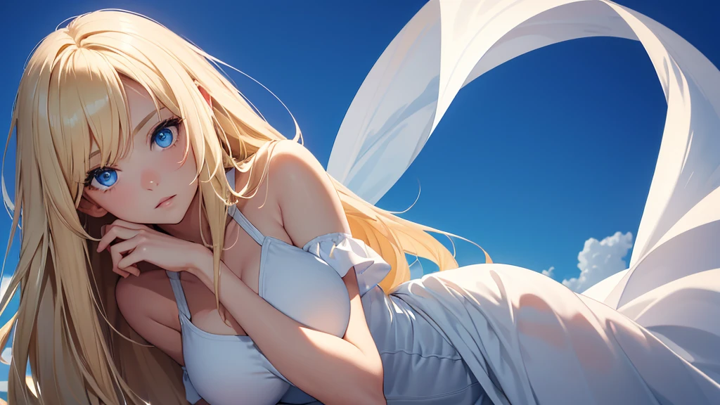 long blonde girl, blue eyes, calm face, medium breast, white short dress, blue sky background, natural light, facing camera, masterpiece, high res, beautiful face,